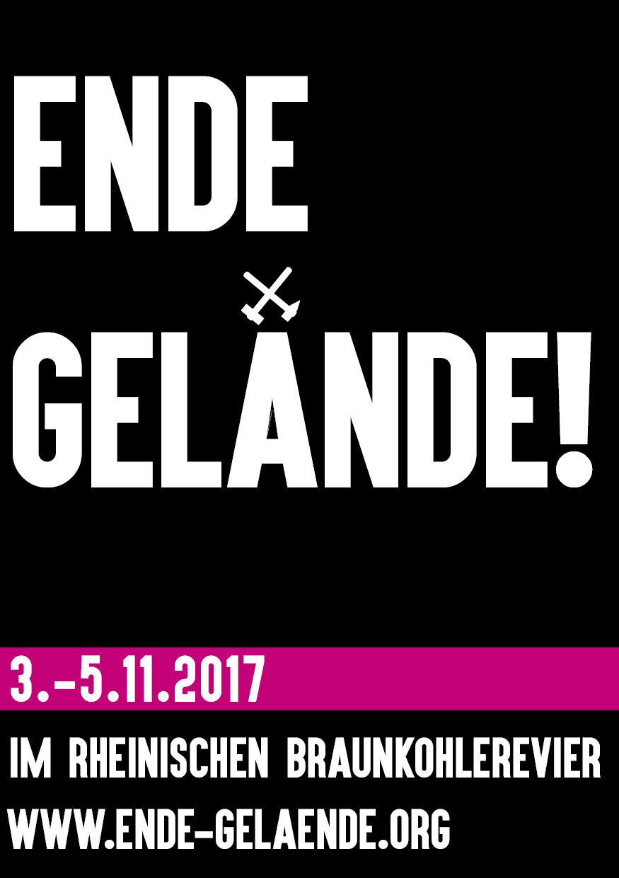 Kohle muss im Boden bleiben, um den Klimawandel aufzuhalten. Doch Deutschland ist bei der Braunkohlefrderung weiterhin Weltmeister! Whrend Politik und Konzerne unttig bleiben, nehmen wir den Kohleausstieg selbst in die Hand. Wenn im November in Bonn die Delegierten zum UN-Klimagipfel zusammentreffen, kommen wir zurck in die Grube. Wir zeigen, wo in Deutschland das Klima verhandelt wird.
Wir sagen Ende Gelnde!
Im Herbst 2017 finden die internationalen Klimaverhandlungen zur Umsetzung des Pariser Klimaabkommens in Bonn unter der Prsidentschaft Fidschis statt. Doch direkt nebenan befindet sich eine der dreckigsten CO2-Quellen Europas  die Braunkohletagebaue mit ihren Kraftwerken im rheinischen Revier.
Whrend sich Deutschland auf internationalem Parkett gerne als Energiewende-Musterland prsentiert, wird innenpolitisch der Kohleausstieg verschleppt. Dabei ist klar: Um die schlimmsten Folgen der globalen Erwrmung zu verhindern, muss die Kohle im Boden bleiben! Sofort!
Deshalb stellen wir uns jetzt der Kohleindustrie in den Weg und bekmpfen die Klimakrise dort, wo sie befeuert wird. Seid dabei, wenn es das nchste Mal heit: Ende Gelnde  Kohle stoppen. Klima schtzen!
Fr ein Klima der Gerechtigkeit...