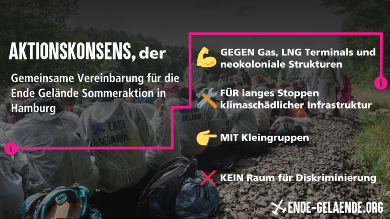 Ende Gelände Aktivistis sitzend von hinten, Schrift: Aktionskonsens, der. Gemeinsame Vereinbarung für die Ende Gelände Sommeraktion in Hamburg. GEGEN Gas, LNG Terminals und neokoloniale Strukturen. FÜR langes Stoppen klimaschädlicher Infrastruktur. MIT Kleingruppen. KEIN Raum für Diskriminierung