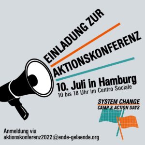 Zeichnung eines Megafons mit Sprech-Text: Einladung zur Aktionskonferenz, 10 Juli in Hamburg im Centro Sociale