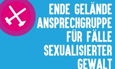 EG Logo und Text: Ende Gelände Ansprechgruppe für Fälle sexualisierter Gewalt