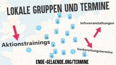 Karte mit Orten, an denen es Ende Gelände Ortsgruppen gibt. Titel: „Lokale Gruppen und Termine“. Pfeile auf Einzelner Gruppen mit Text: Aktionstrainings, Vorbereitungstermine, Infoveranstaltungen