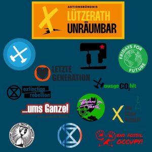 Logo Lützerath Unräumbar, below the logos of the different groups; Ende Gelände, Letzte Generation, XR, ... ums Ganze, System Change Not Climate Change, FFF, Alle Dörfer bleiben, a.o.