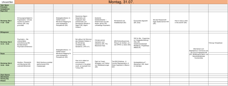 Tabelle mit dem Programm für den Montag vom System Change Camp 2023,