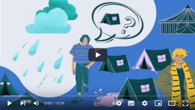 Comicartige Zeichnung, Campsituation im Regen, eine Person fragt eine andere, nach einem Schlafzelt