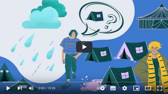 Comicartige Zeichnung, Campsituation im Regen, eine Person fragt eine andere, nach einem Schlafzelt