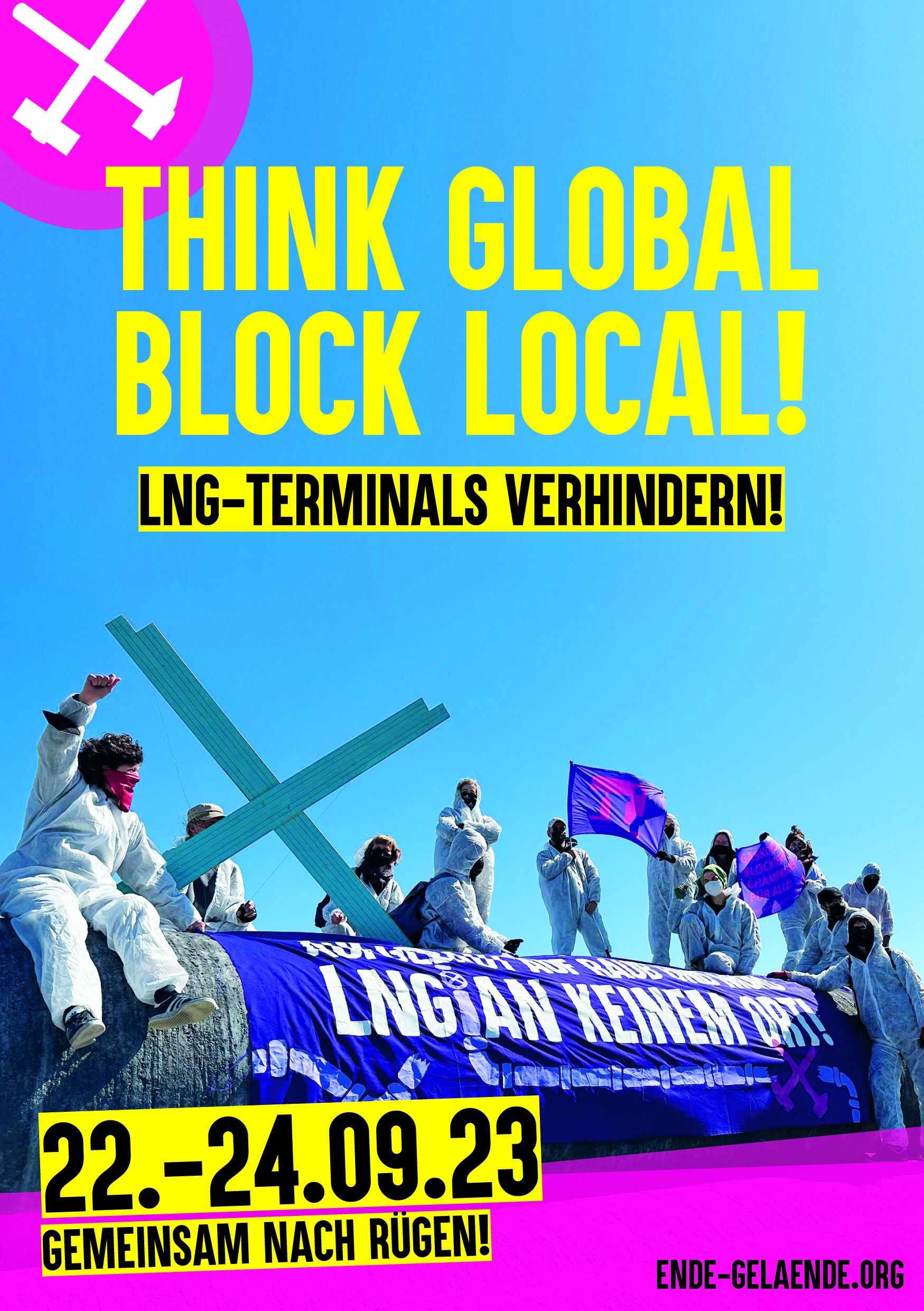 Think Global Block Local! LNG-Terminals Verhindern. 22.-24.09.23 gemeinsam nach Rügen! ende-gelaende.org Menschen bei einer Ende Gelände aktion mit lila Fahnen und Banner
