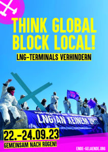 Think Global Block Local! LNG-Terminals Verhindern. 22.-24.09.23 gemeinsam nach Rügen! ende-gelaende.org Menschen bei einer Ende Gelände aktion mit lila Fahnen und Banner