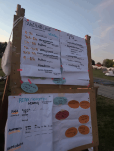 daily schedule, tasks still in need of volunteers, and other information.