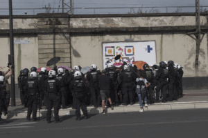 A "kessel", or boiling pot, that is a police formation where they surround a group in a circle.