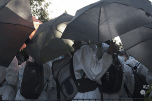 umbrellas were used to hinder police sight.